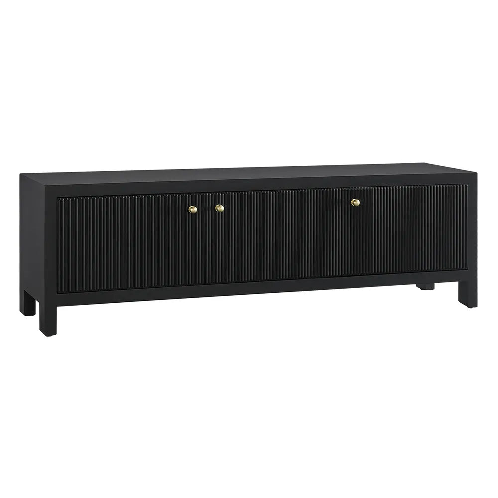 Black cabinet with gold handles on a white background