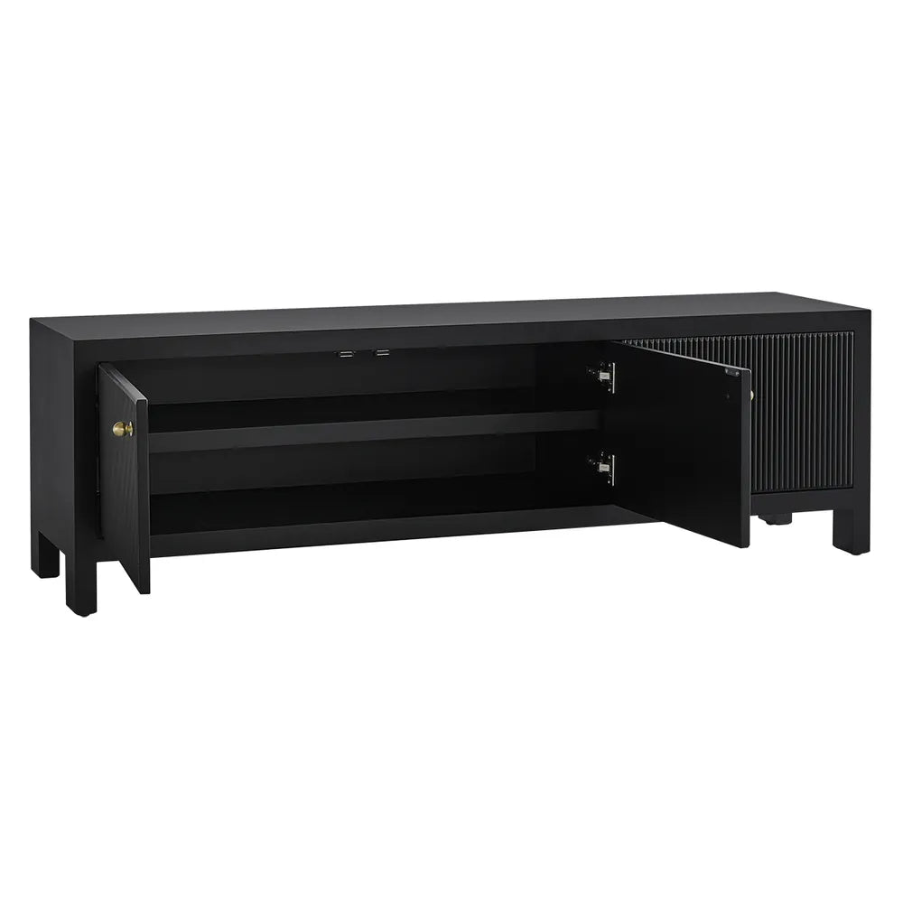 Black TV stand with open door on a white background