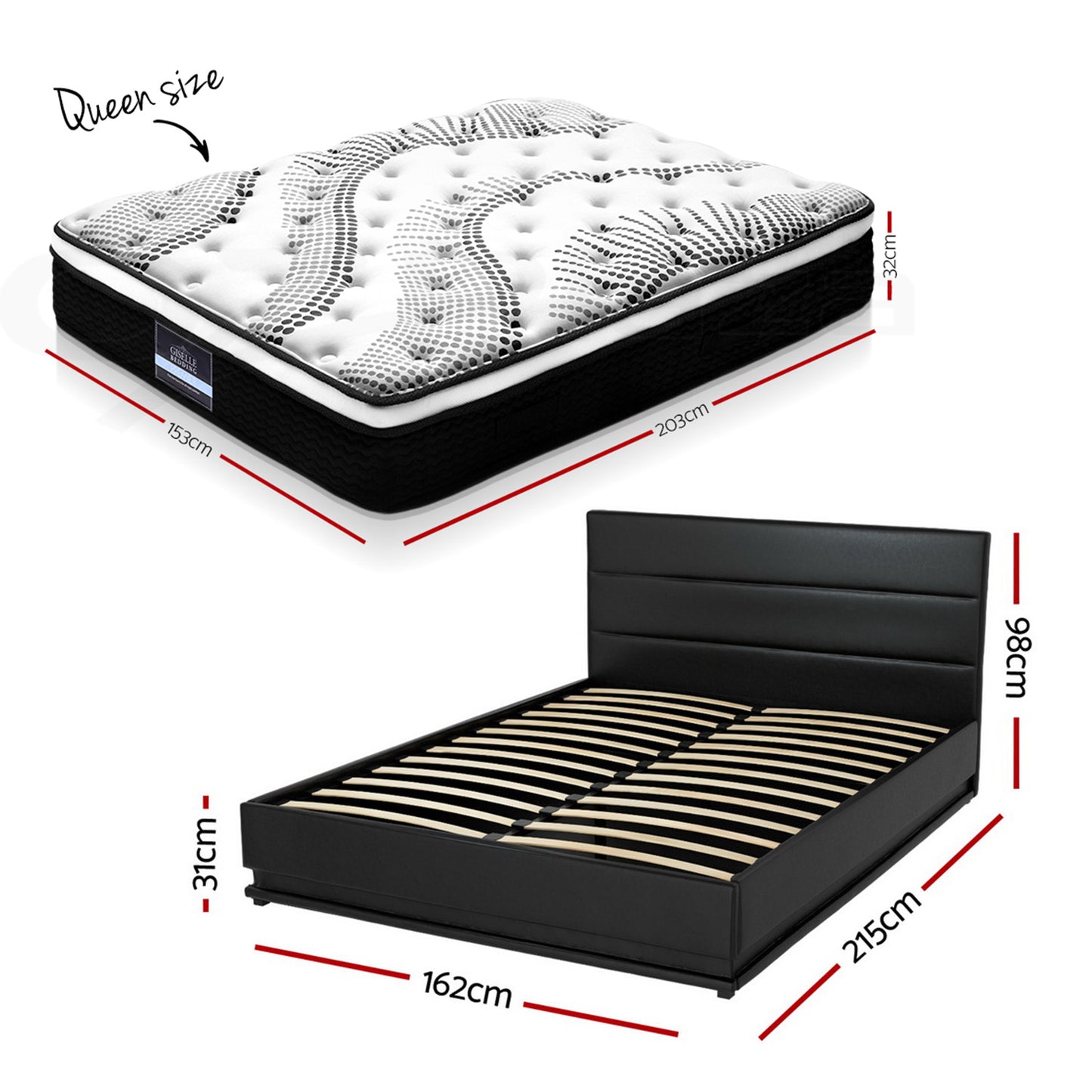 RGB LED Queen Bed Frame with 32cm Giselle Mattress Set
