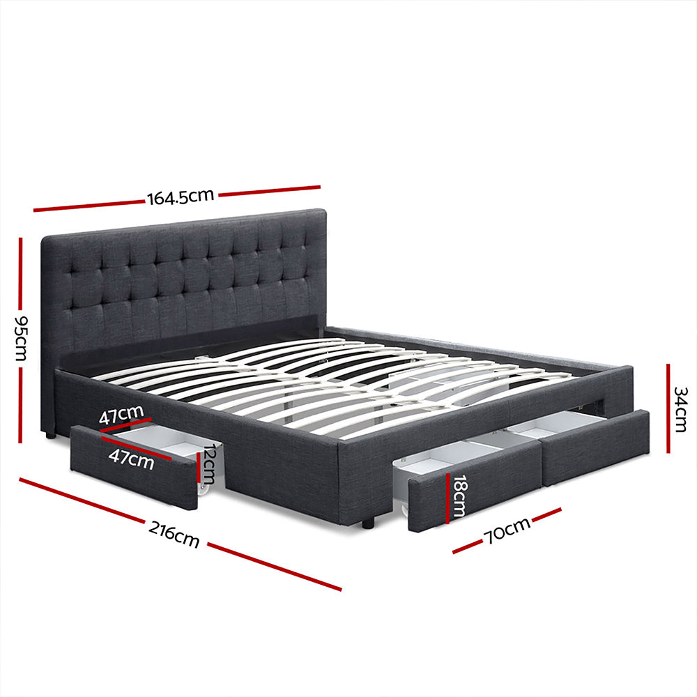 Avio Bed Frame Queen Size with 4 Drawers - Charcoal