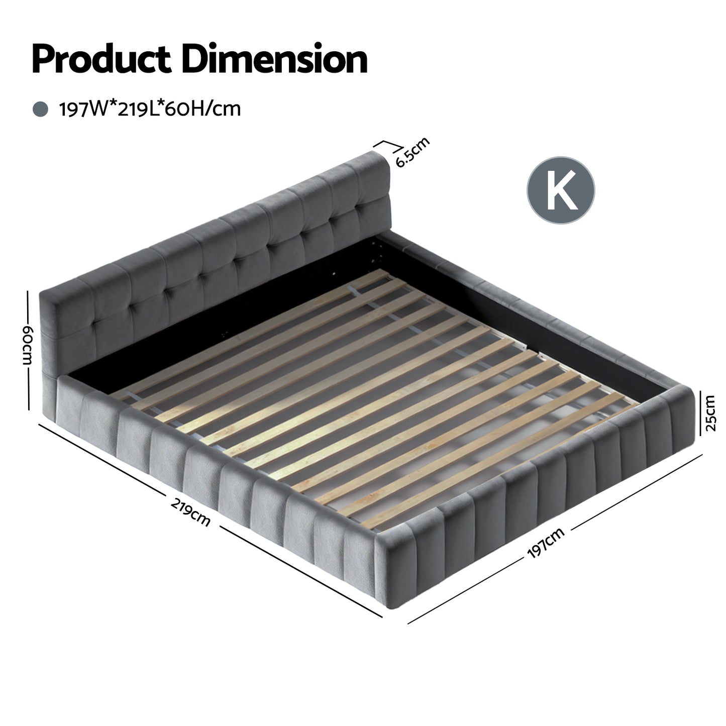 Haven King Size Bed Frame Plush Soft Headboard Velvet Platform Base - Grey