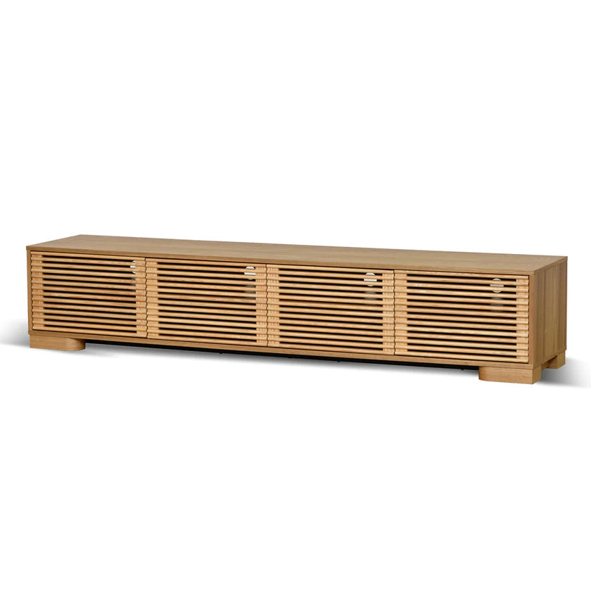 Wooden cabinet with slatted design on a white background