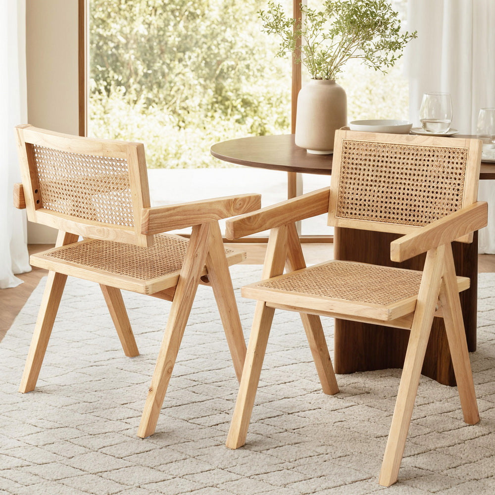 Wooden Rattan Dining Chairs Set of 2