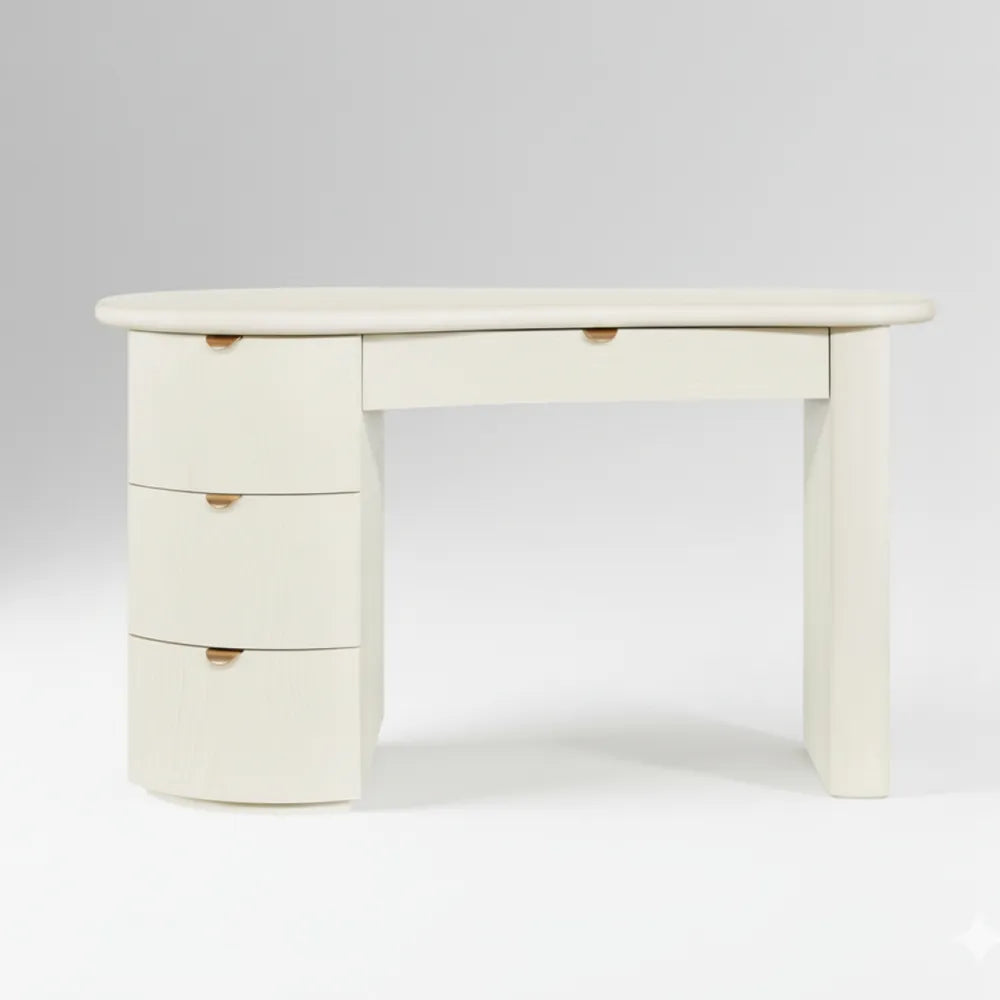 White desk with drawers on a light gray background