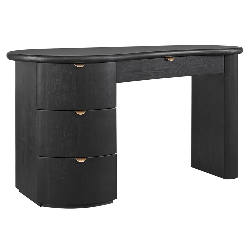 Black curved desk with drawers on a white background