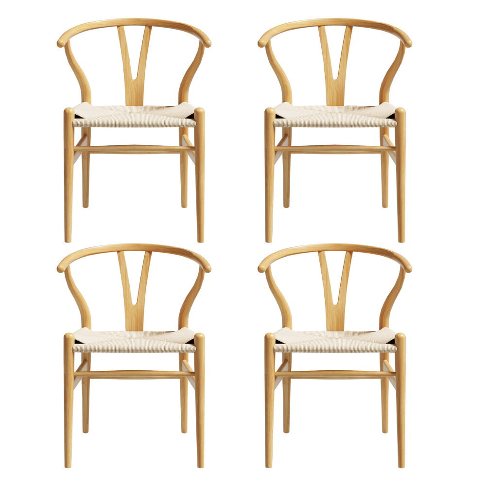4 Wooden Rattan Wishbone Back Dining Chairs