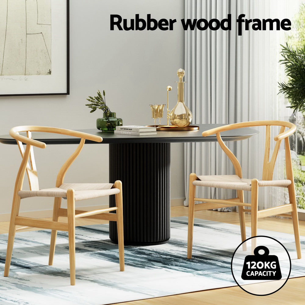 4 Wooden Rattan Wishbone Back Dining Chairs
