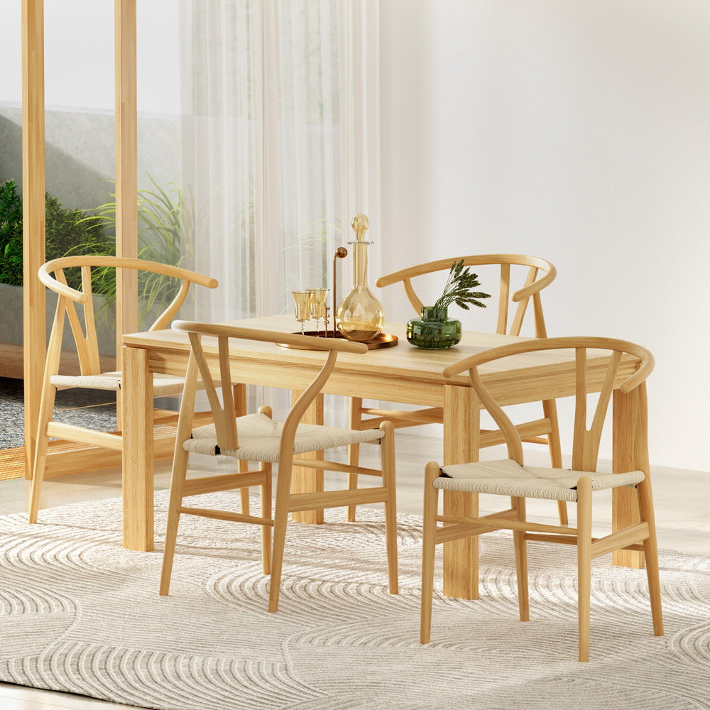 4 Wooden Rattan Wishbone Back Dining Chairs