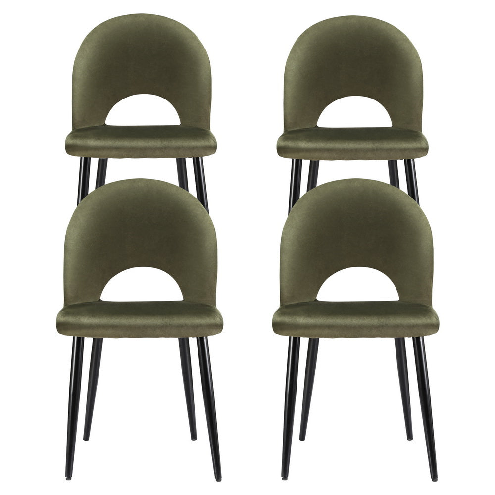 Four green chairs with black legs on a white background