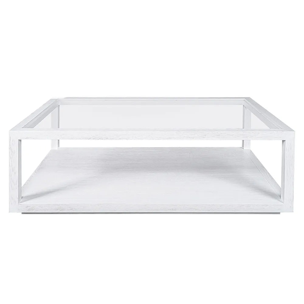 White rectangular shelf with a glass front on a white background