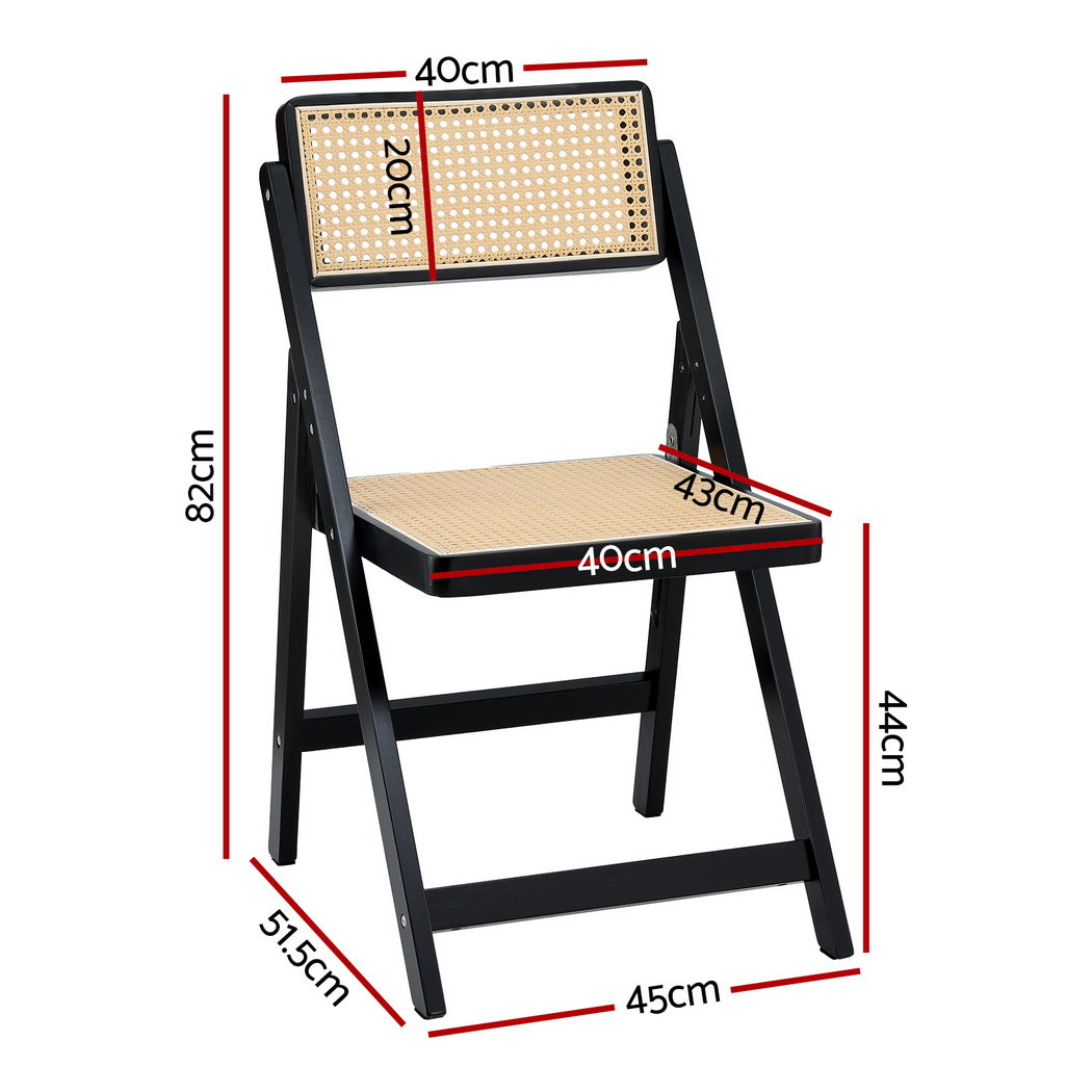 2x Dining Chairs Wooden Rattan Foldable Black
