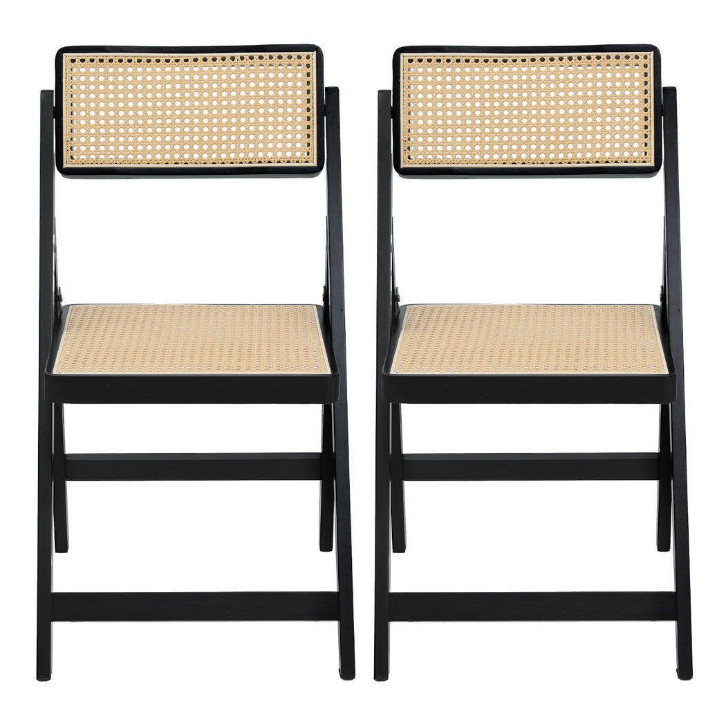 2x Dining Chairs Wooden Rattan Foldable Black