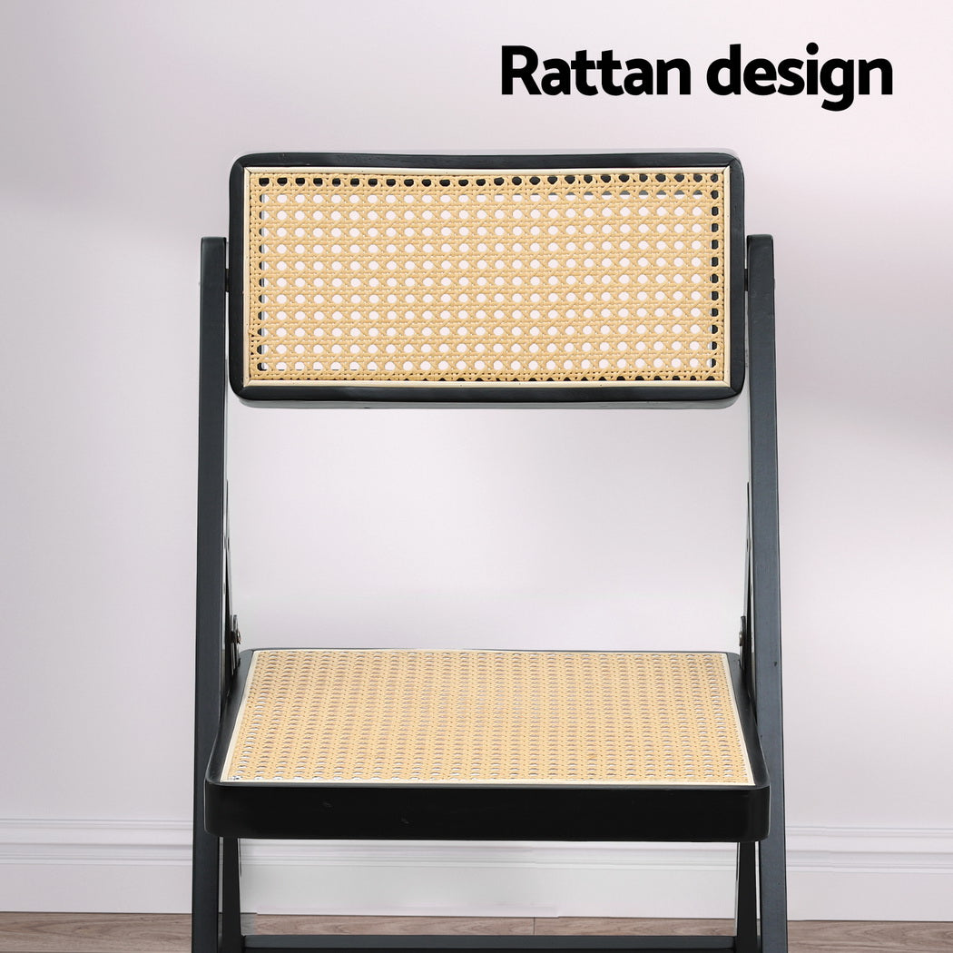 2x Dining Chairs Wooden Rattan Foldable Black