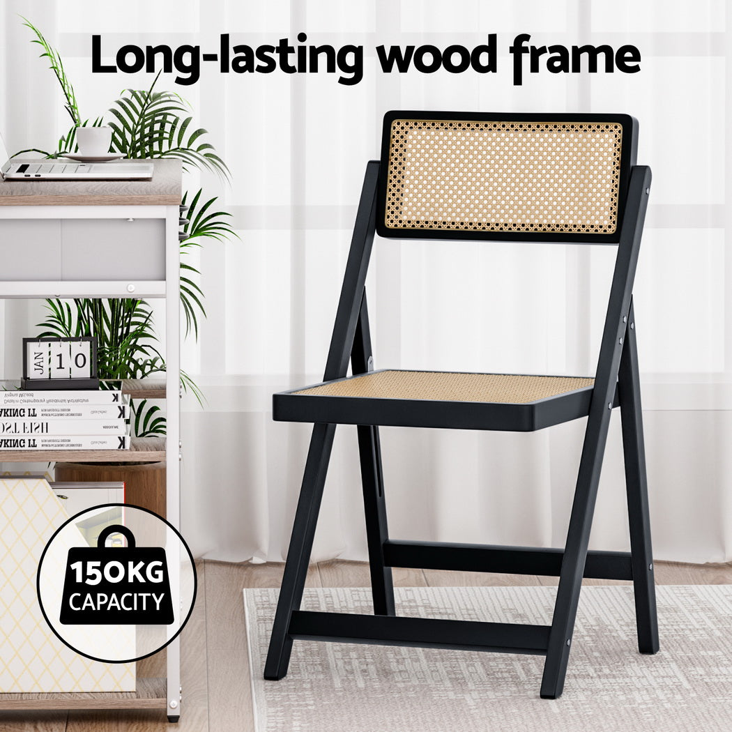 2x Dining Chairs Wooden Rattan Foldable Black