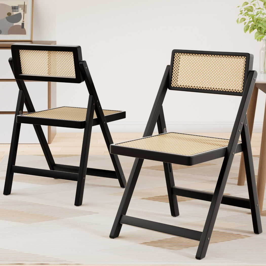 2x Dining Chairs Wooden Rattan Foldable Black