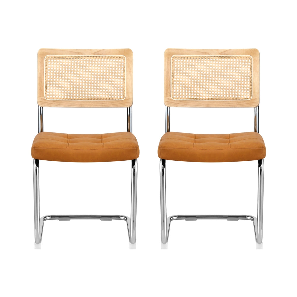 2 Brown Leather Rattan Dining Chairs