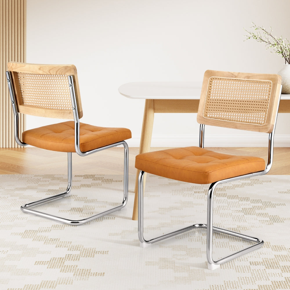 2 Brown Leather Rattan Dining Chairs