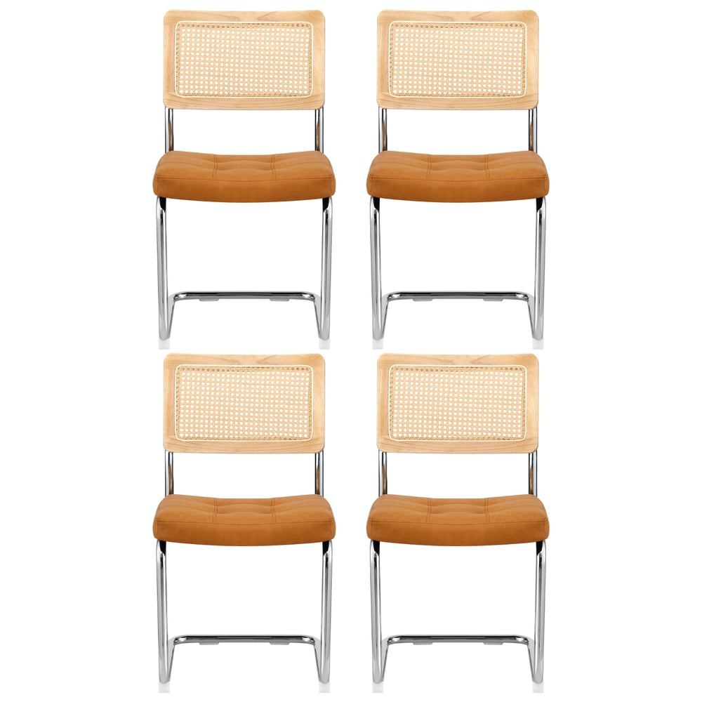 4 Brown Leather Rattan Dining Chairs