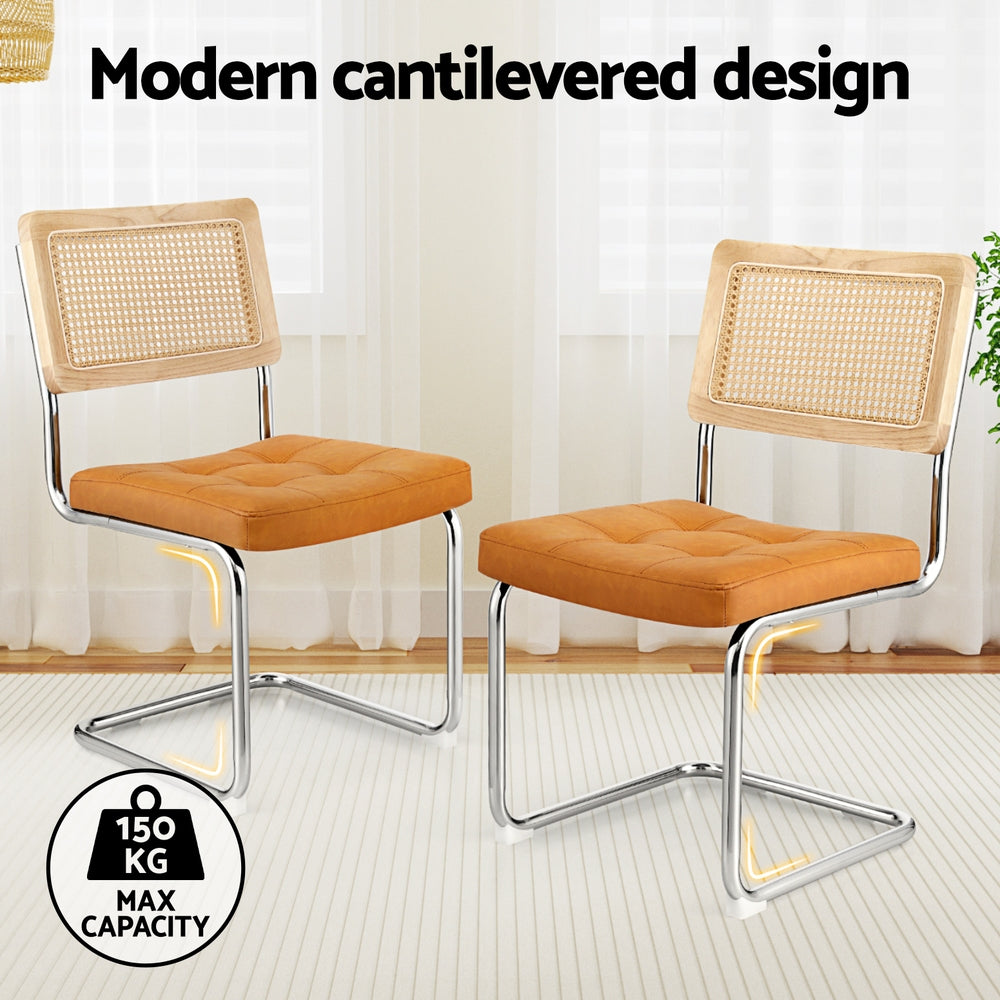 4 Brown Leather Rattan Dining Chairs