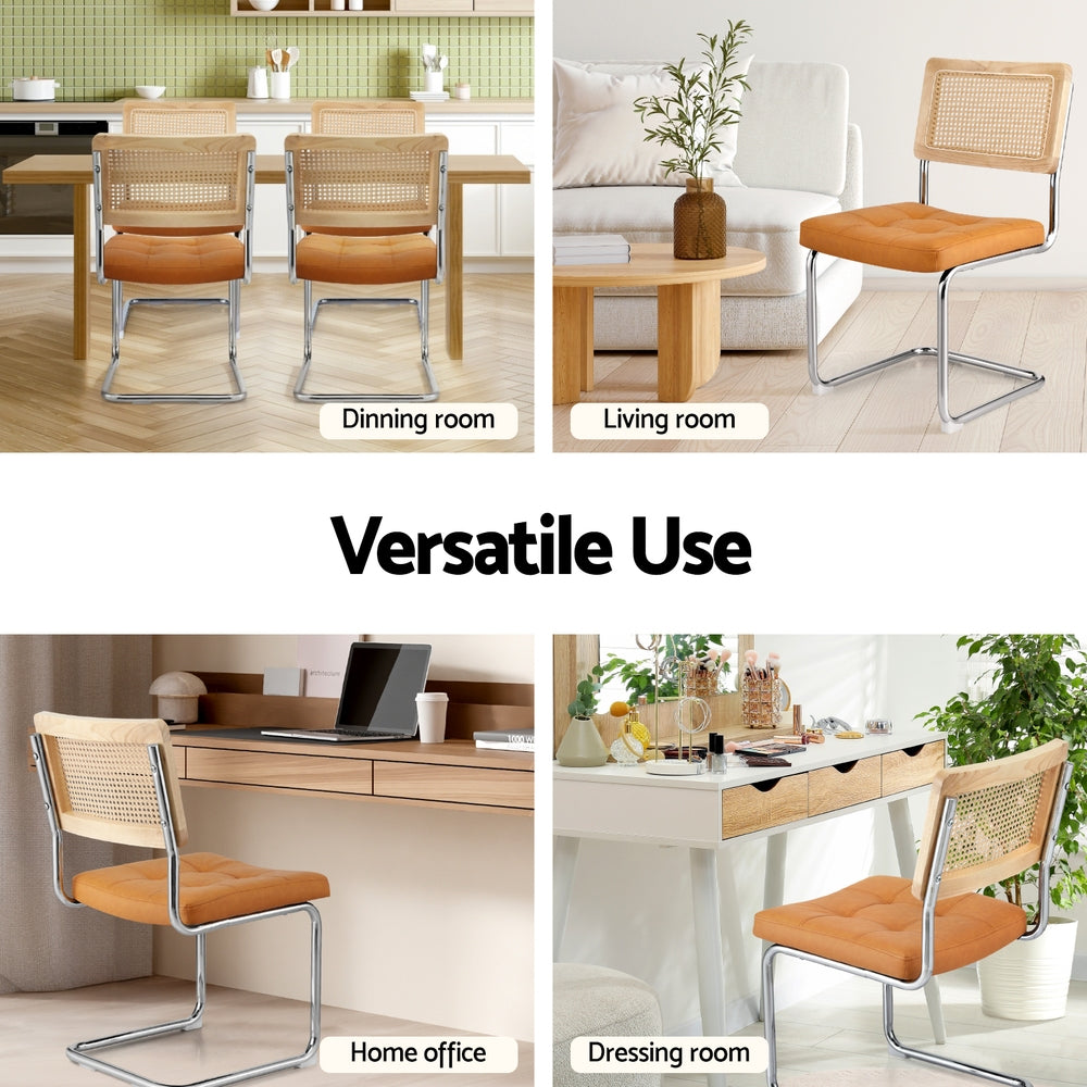 4 Brown Leather Rattan Dining Chairs