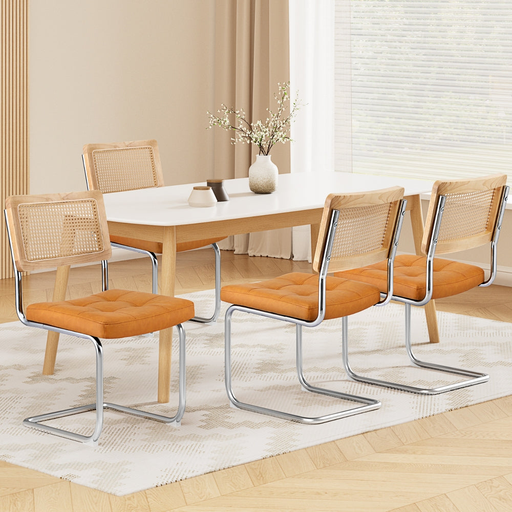 4 Brown Leather Rattan Dining Chairs