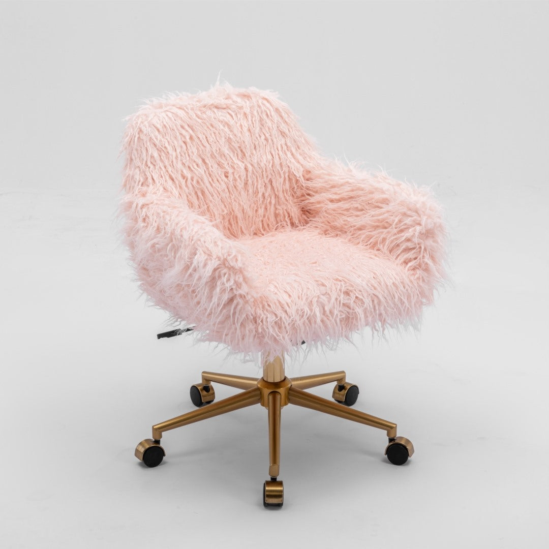 Pink fluffy chair with gold metal base on a light gray background
