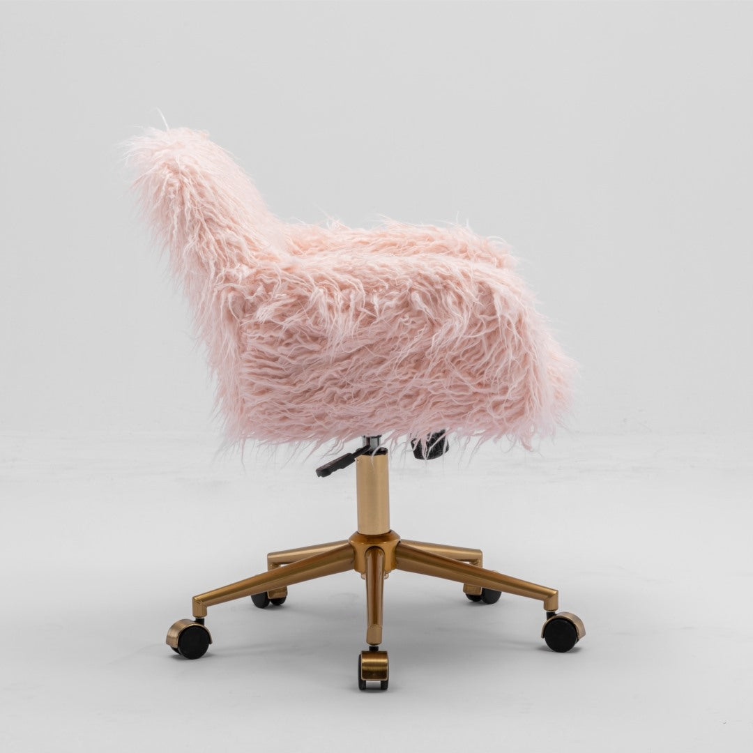 Pink fuzzy stool with a gold metal base on a light gray background