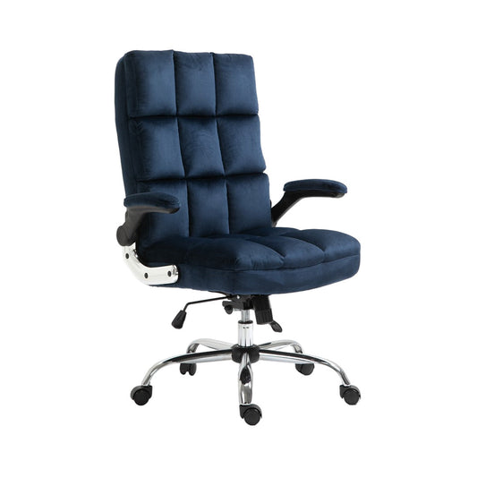 Blue office chair with quilted design on a white background
