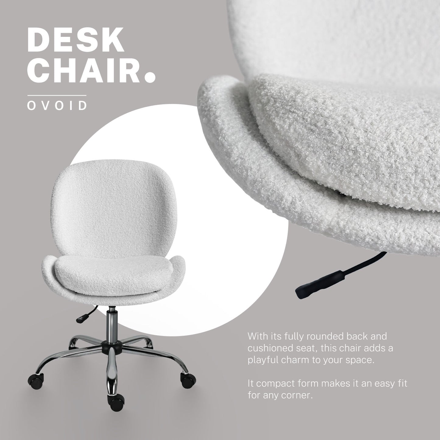 Teddy White Boucle Armless Swivel Study Office Desk Chair Seat