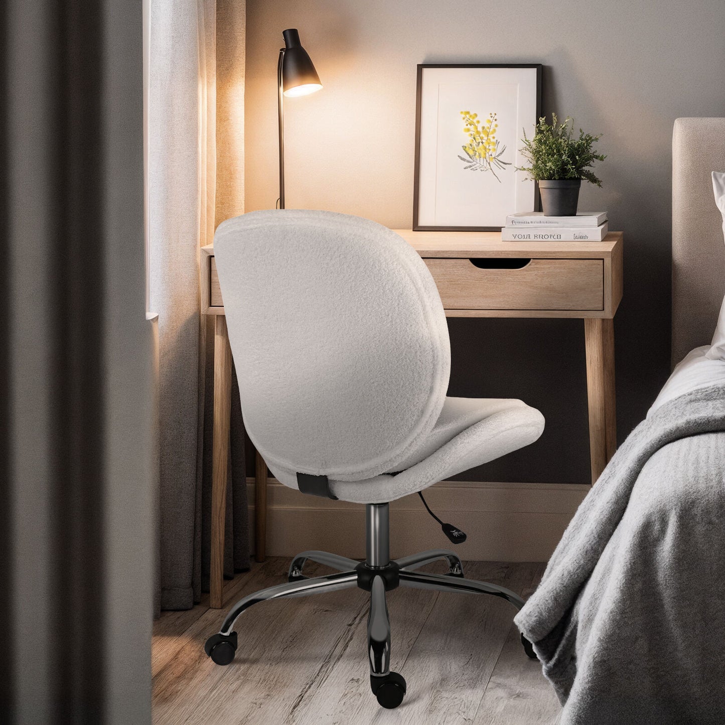Teddy White Boucle Armless Swivel Study Office Desk Chair Seat