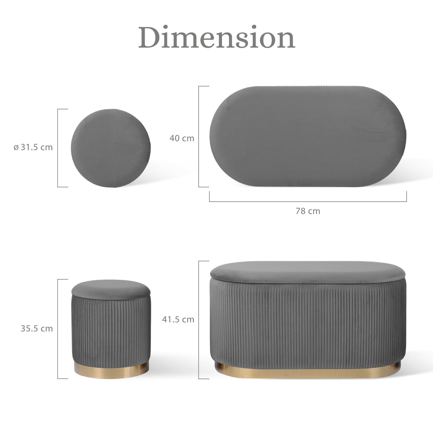 3 Piece Set Storage Ottoman - Blanket Box Velvet Padded Bench Stool FAYE GREY