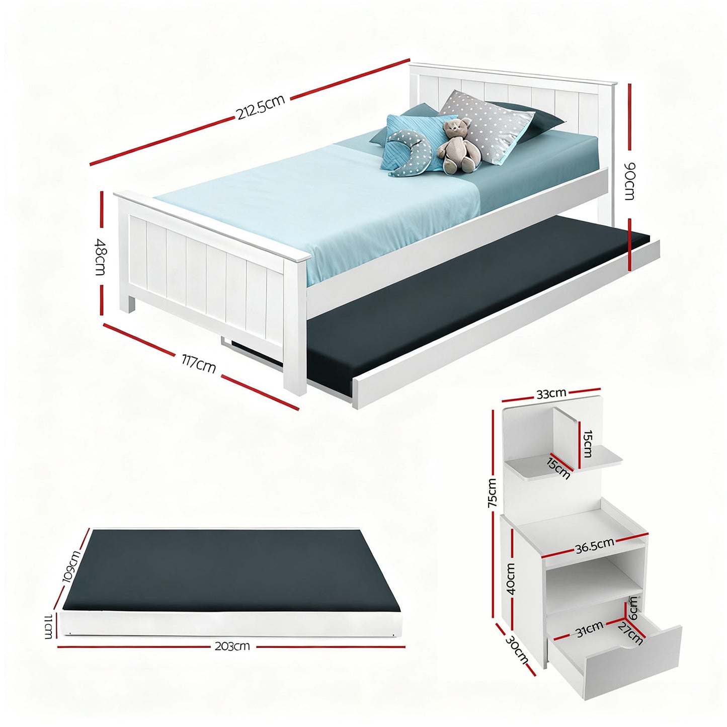 King Single Bed Frame with Trundle and White Bedside Table