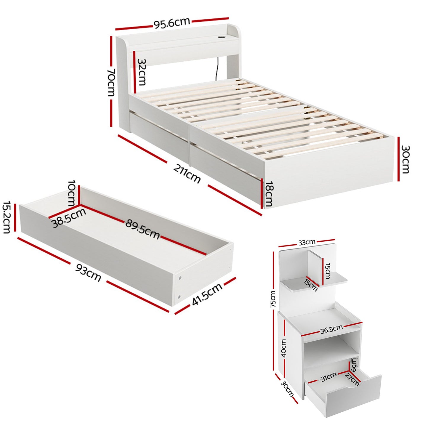 Aura Single Bed Frame with Charging Ports and Bedside Table