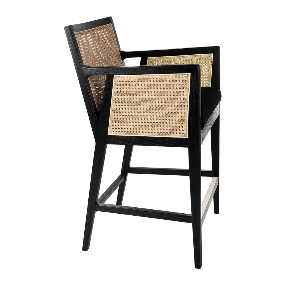 Kane Black Rattan Kitchen Stool - Black Linen