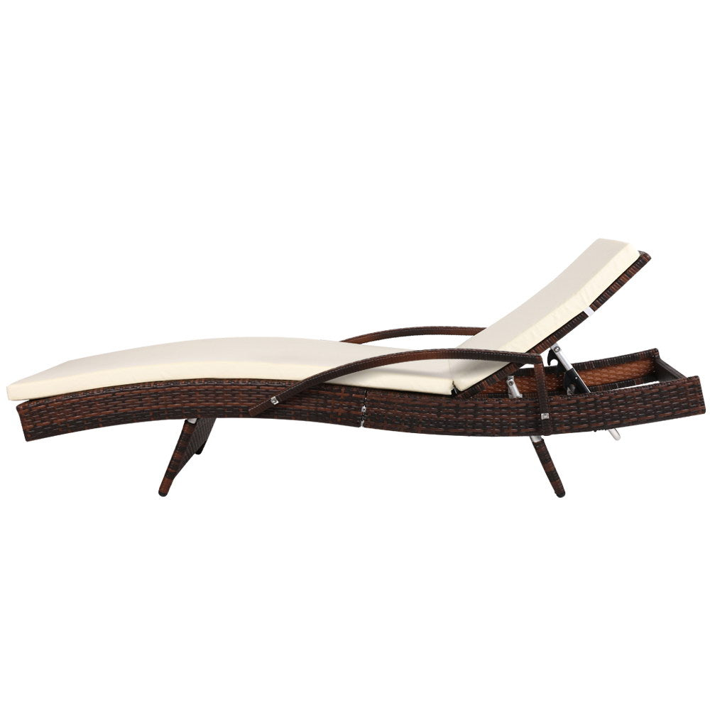 Set of 2 Rattan Sun Lounge Outdoor Furniture - Brown & Beige