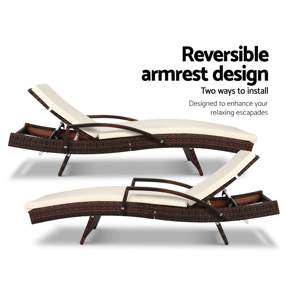 Set of 2 Rattan Sun Lounge Outdoor Furniture - Brown & Beige