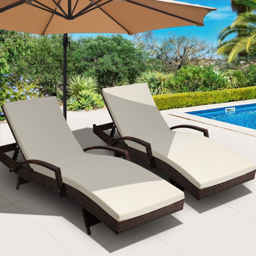 Set of 2 Rattan Sun Lounge Outdoor Furniture - Brown & Beige