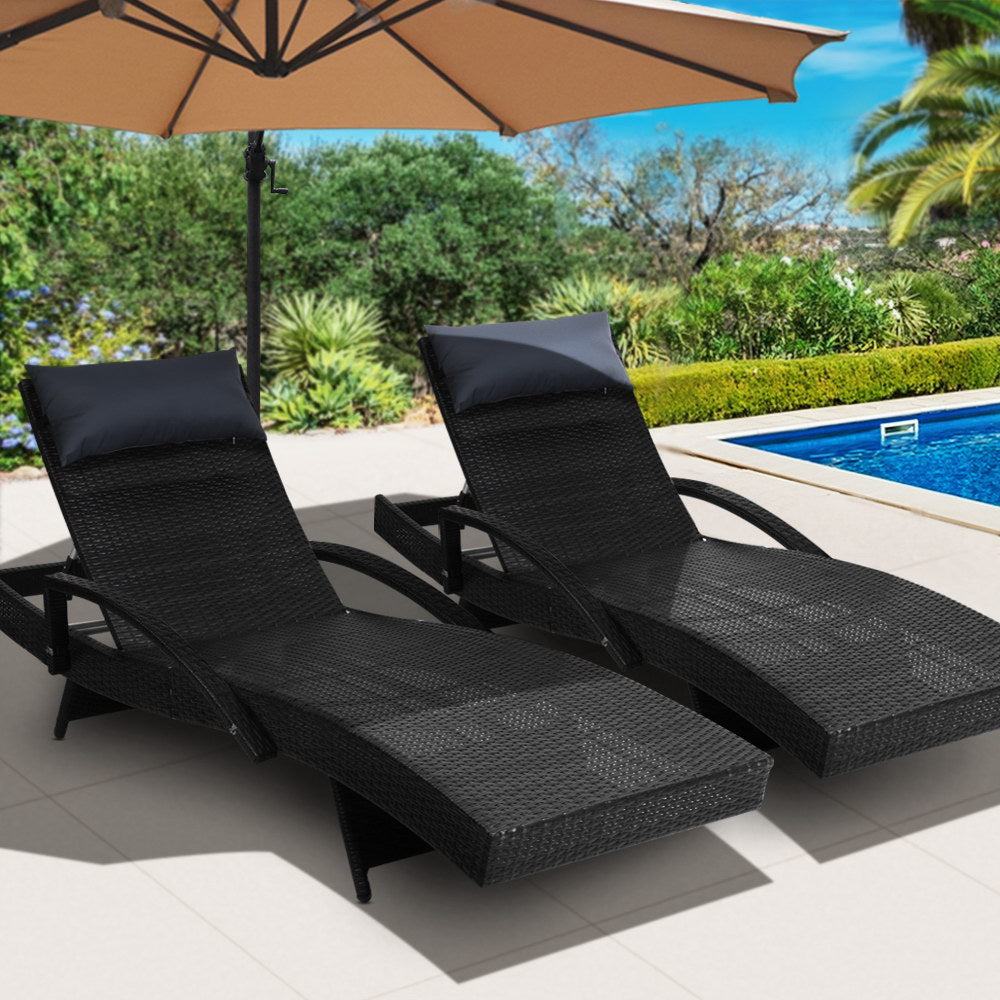 Set of 2 Sun Lounge Outdoor Furniture Wicker Lounger Rattan Day Bed Garden Patio - Black