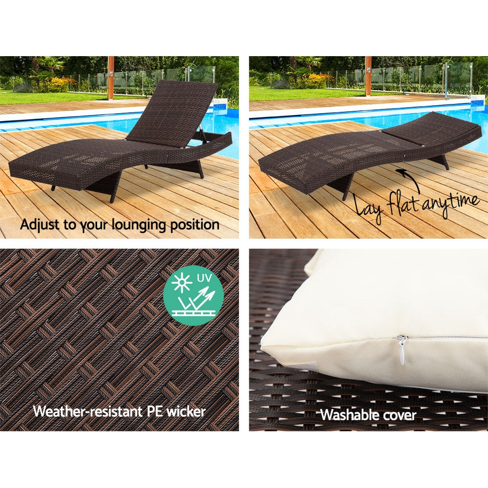 Set of 2 Sun Lounge Outdoor Furniture Wicker Lounger Rattan Day Bed Garden Patio - Brown