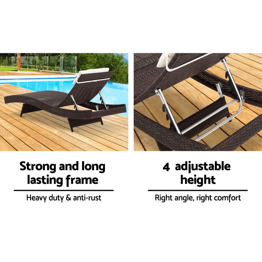Set of 2 Sun Lounge Outdoor Furniture Wicker Lounger Rattan Day Bed Garden Patio - Brown