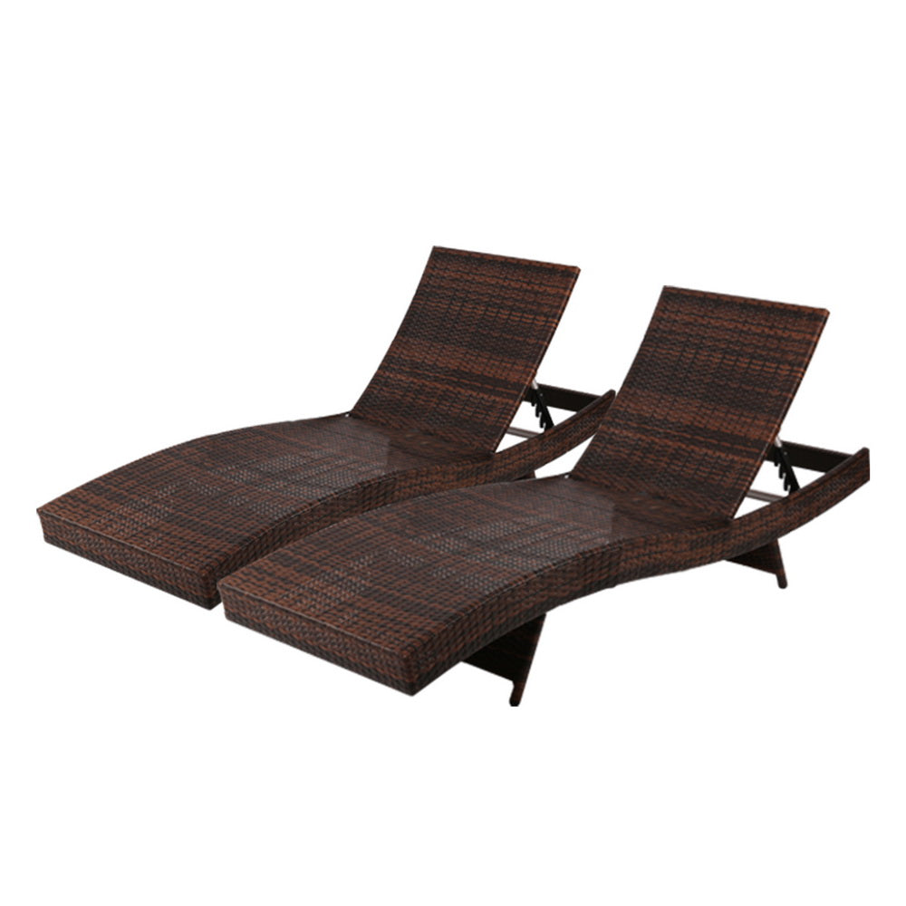 Set of 2 Sun Lounge Outdoor Furniture Wicker Lounger Rattan Day Bed Garden Patio - Brown