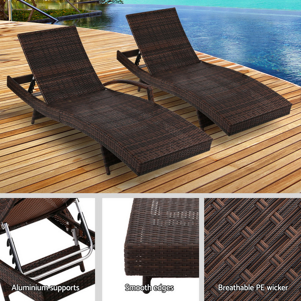 Set of 2 Sun Lounge Outdoor Furniture Wicker Lounger Rattan Day Bed Garden Patio - Brown