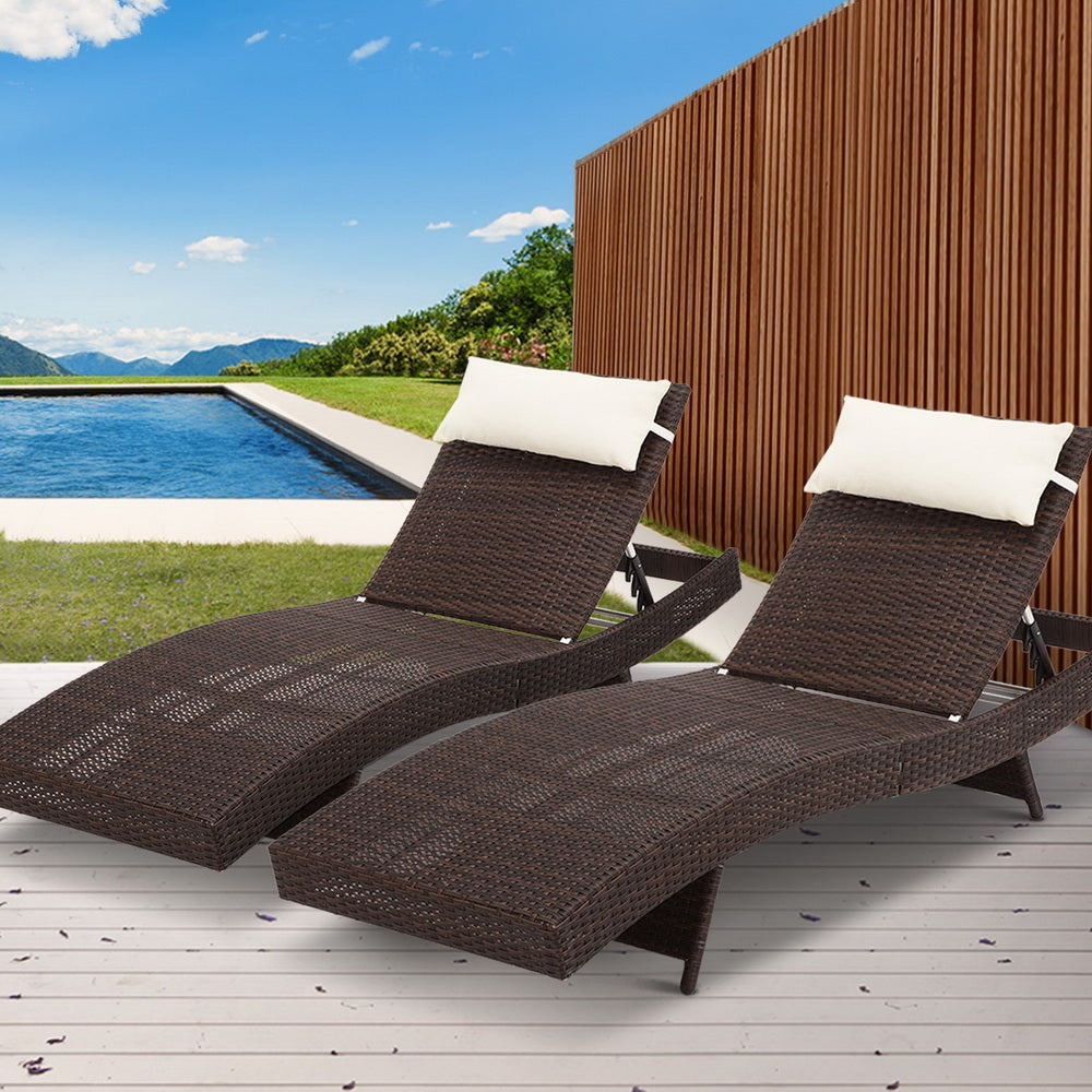Set of 2 Sun Lounge Outdoor Furniture Wicker Lounger Rattan Day Bed Garden Patio - Brown