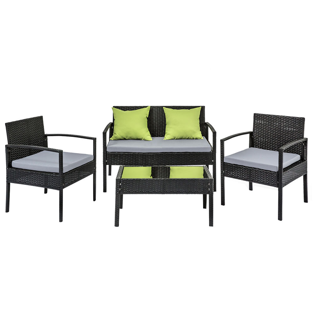 4 Seater Outdoor Rattan Sofa Lounge Setting- Black
