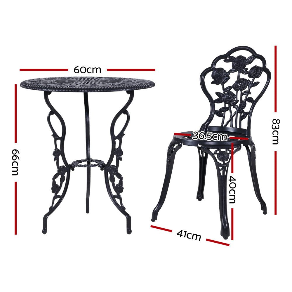 3PC Outdoor Cast Aluminium Bistro Table Chair Setting B- Black