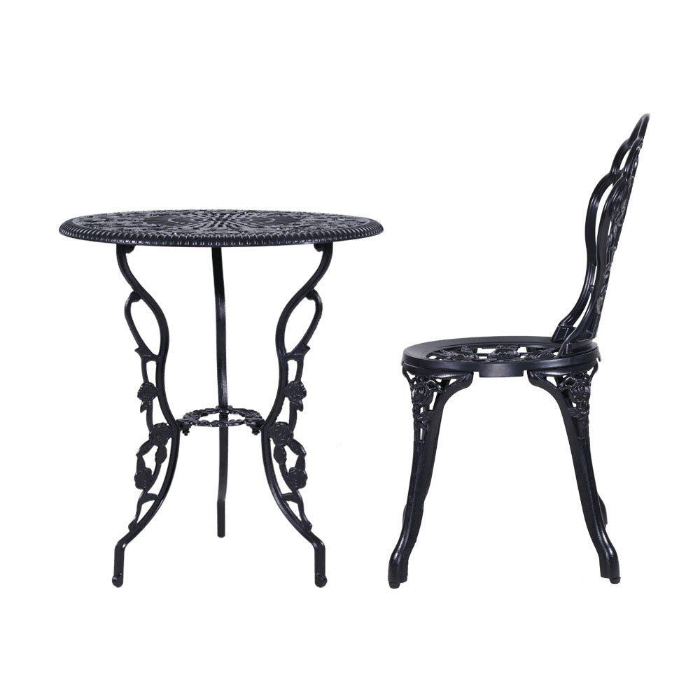 3PC Outdoor Cast Aluminium Bistro Table Chair Setting B- Black