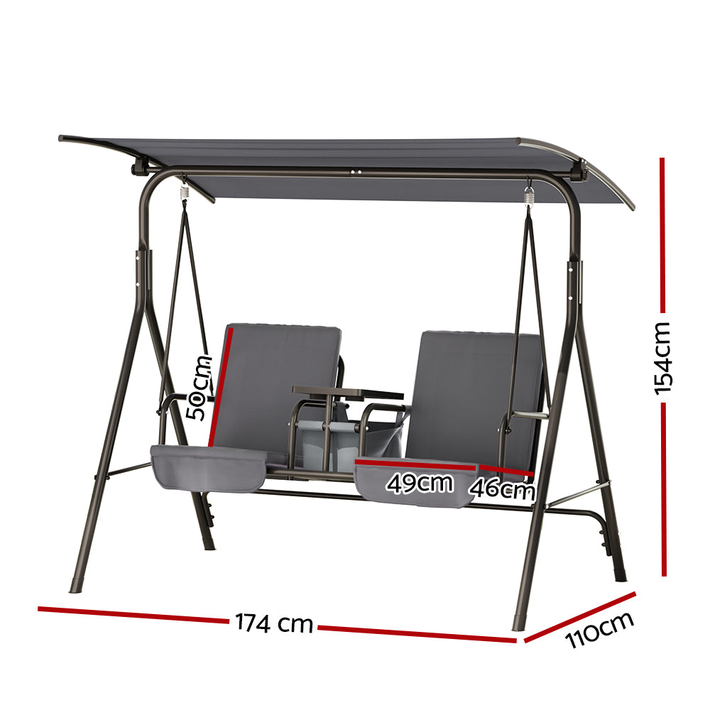 2 Seater Canopy Swing Chair With Cup Holder - Grey