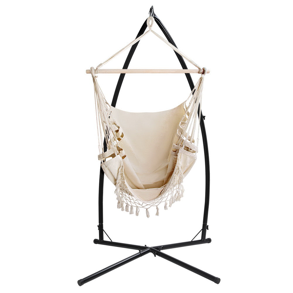 Tassel Hanging Rope Hammock Cream with Stand - 110cm x 110cm x 210cm