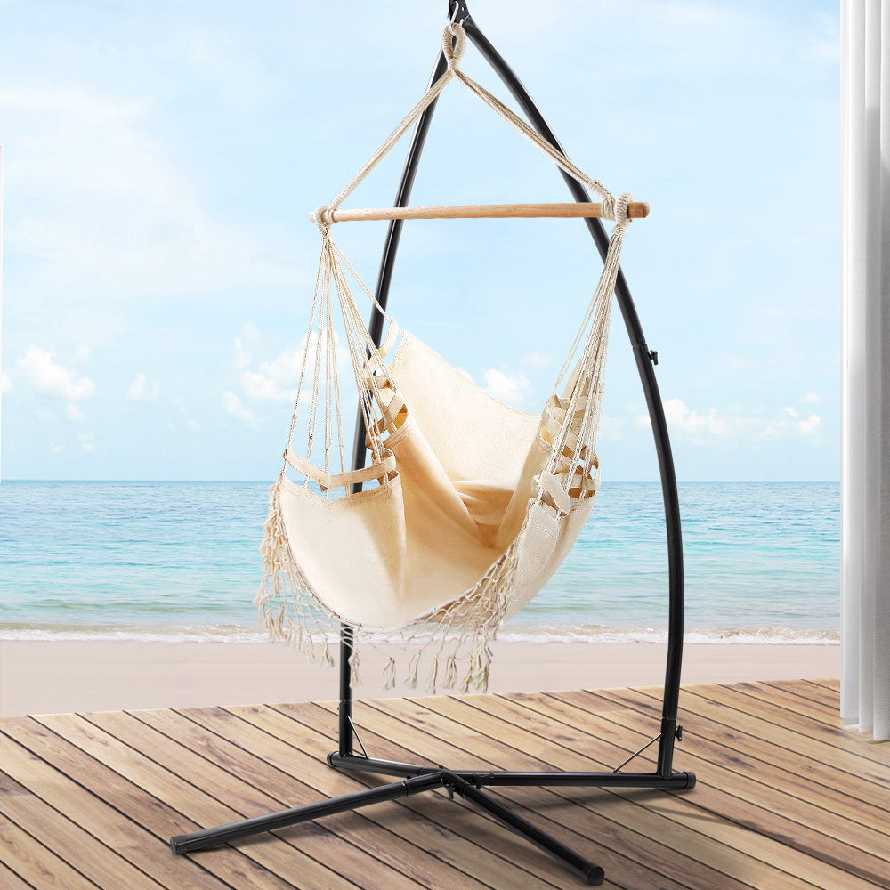 Tassel Hanging Rope Hammock Cream with Stand - 110cm x 110cm x 210cm