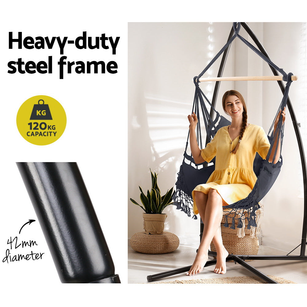 Tassel Hanging Rope Hammock Grey with Stand - 110cm x 110cm x 210cm